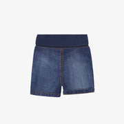 Dos du short en denim bleu à effet délavé, naissance