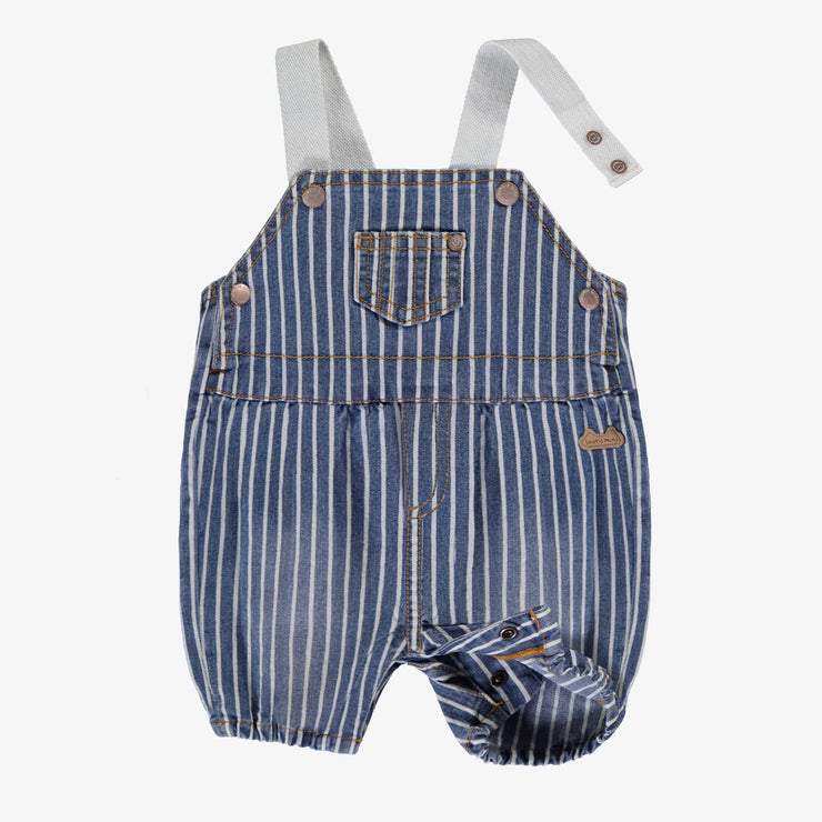 Détail de la salopette bleue et blanche en denim à rayures, naissance