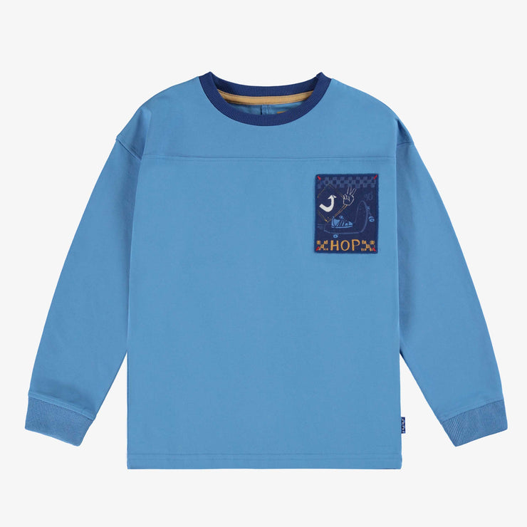 T-shirt bleu à illustration brodée, enfant || Blue T-shirt with embroidered design, child