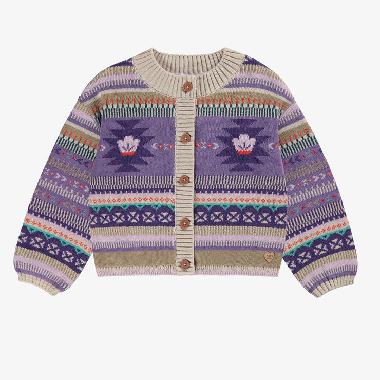 Cardigan beige et mauve en tricot avec motifs, enfant