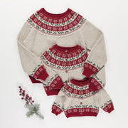 Cardigan en tricot crème et rouge à motifs des fêtes, enfant || Cream and red knit cardigan with holiday all over print, child