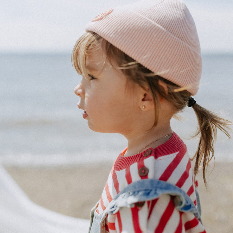 Chandail de maille à manches longues avec rayures crème, rose et rouge, bébé || Cream, pink and red striped long sleeves knit sweater, baby