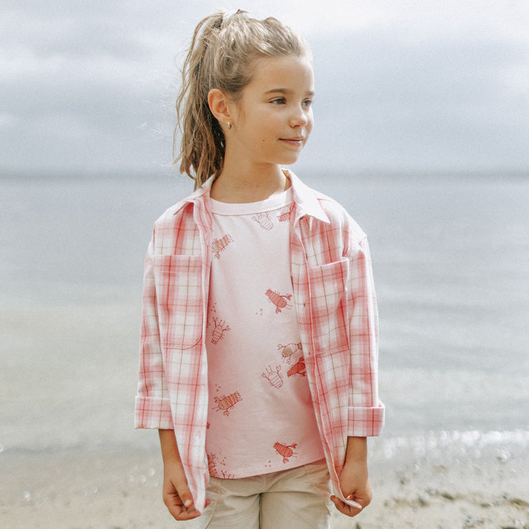 Chemise rose et crème à carreaux en sergé brossé, enfant || Pink and cream plaid shirt in brushed twill, child