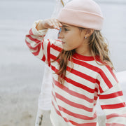 Chandail de maille à manches longues avec rayures crème, rose et rouge, enfant || Cream, pink and red striped long sleeves knit sweater, child
