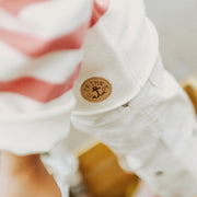 Chandail de maille à manches longues avec rayures crème, rose et rouge, enfant || Cream, pink and red striped long sleeves knit sweater, child