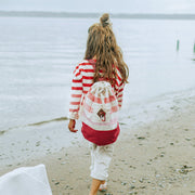Chandail de maille à manches longues avec rayures crème, rose et rouge, enfant || Cream, pink and red striped long sleeves knit sweater, child