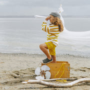 Chandail de maille à manches longues avec rayures crème, jaune et ocre, enfant || Cream, yellow and ochre striped long sleeves knit sweater, child