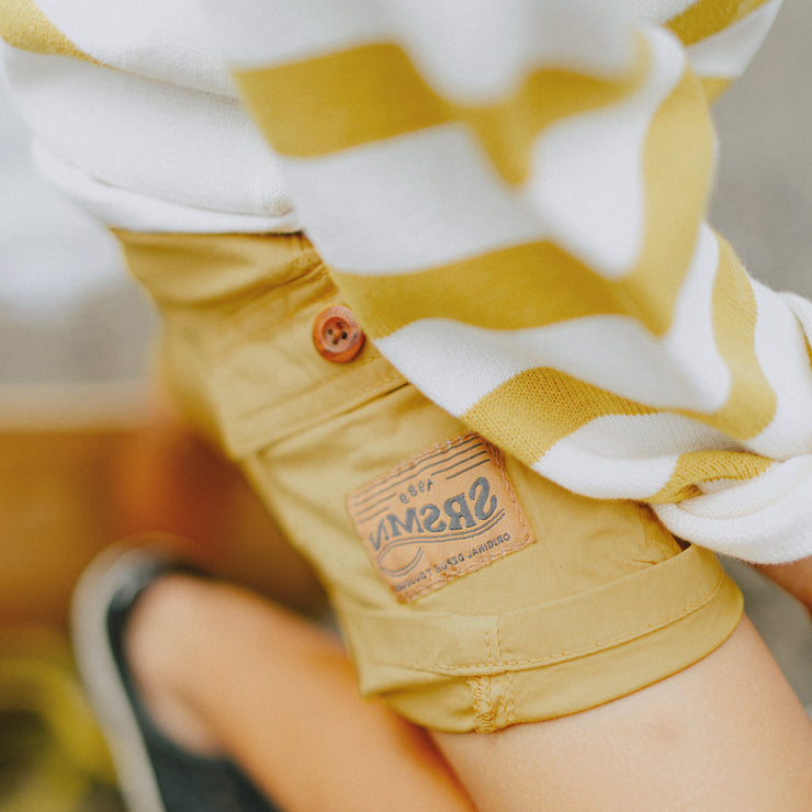 Chandail de maille à manches longues avec rayures crème, jaune et ocre, enfant || Cream, yellow and ochre striped long sleeves knit sweater, child