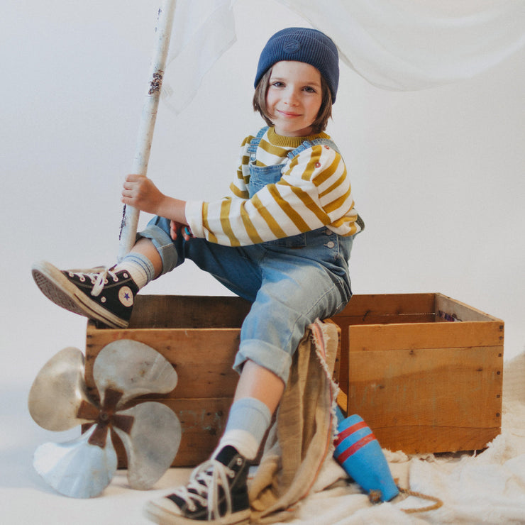 Chandail de maille à manches longues avec rayures crème, jaune et ocre, enfant || Cream, yellow and ochre striped long sleeves knit sweater, child