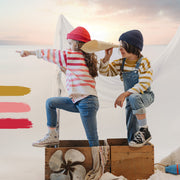 Chandail de maille à manches longues avec rayures crème, jaune et ocre, enfant || Cream, yellow and ochre striped long sleeves knit sweater, child