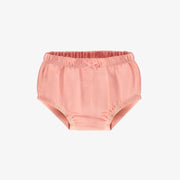 Robe manches courtes et bloomer corail en coton biologique, naissance || Coral short sleeves dress and bloomer in organic cotton, newborn