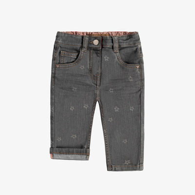 Pantalon coupe étroite en denim extensible, gris foncé avec motif fleuri, bébé || Dark gray denim pants with repeated flower prints, slim fit, baby 