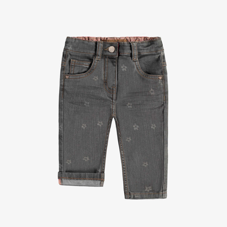 Pantalon coupe étroite en denim extensible, gris foncé avec motif fleuri, bébé || Dark gray denim pants with repeated flower prints, slim fit, baby 