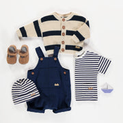 Veste de maille côtelée manches longues à rayure crème et marine, naissance || Long sleeves cream and navy striped ribbed knit vest, newborn