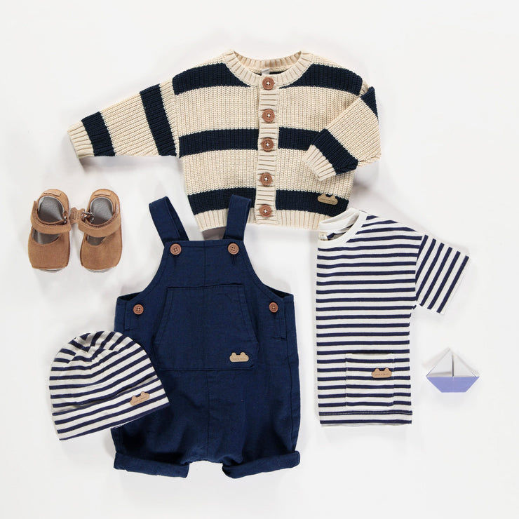 Veste de maille côtelée manches longues à rayure crème et marine, naissance || Long sleeves cream and navy striped ribbed knit vest, newborn