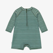 Maillot de bain une-pièce à manches longues vert à rayures avec illustrations de coccinelles, bébé || Long sleeved one-piece swimwear green with stripes, baby