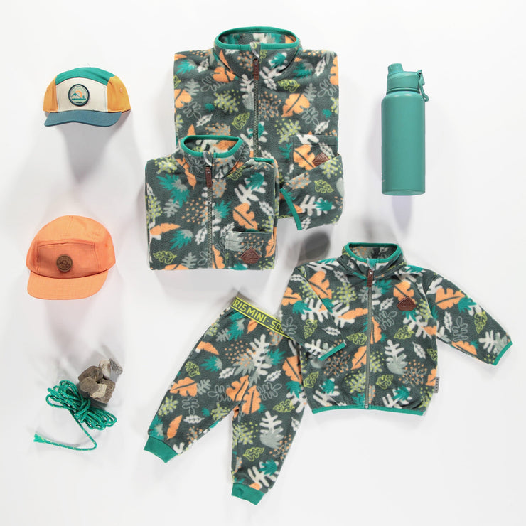 Veste de polar verte à motif représentant la nature avec col montant, adulte || Green polar fleece vest with nature print with high collar, adult