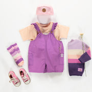 Salopette courte mauve avec bretelles à volants en coton, bébé || Short purple overall with ruffled straps in cotton, baby
