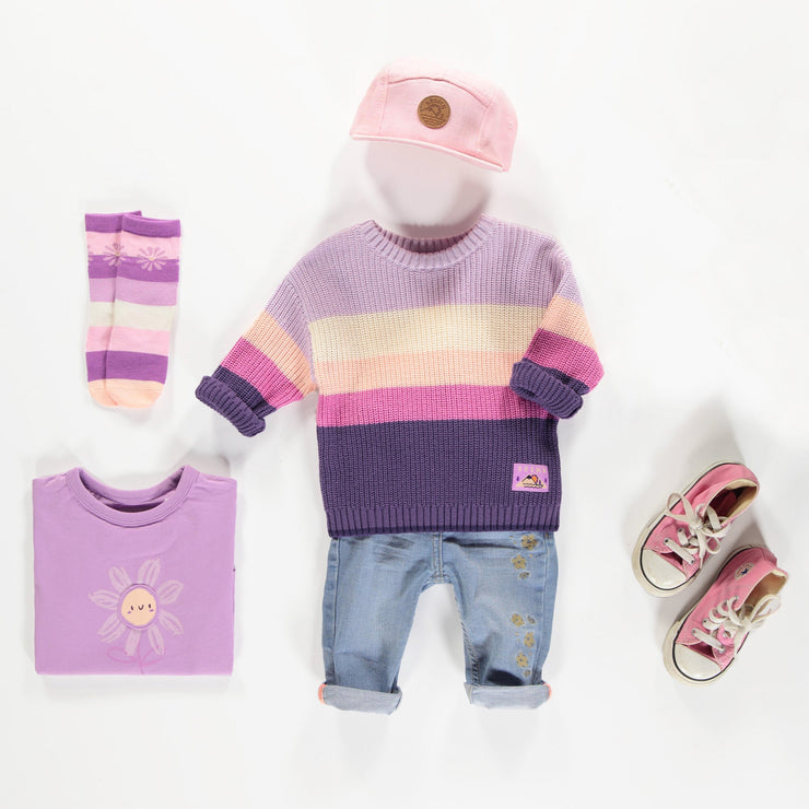 Chandail de maille côtelée manches longues violet, crème et pêche, bébé || Purple, cream and peach long sleeves rib knit sweater, baby