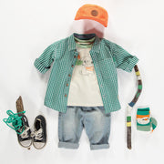 Chemise à manches longues verte à carreaux en popeline, bébé || Green plaid long sleeves shirt in poplin, baby
