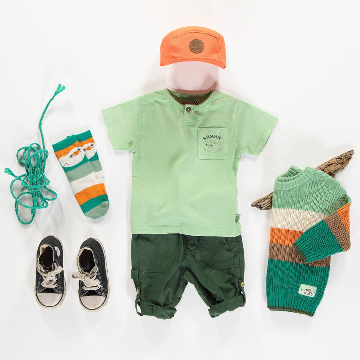 T-shirt à manches courtes vert avec poche en coton, bébé || Green short sleeves t-shirt with pocket in cotton, baby