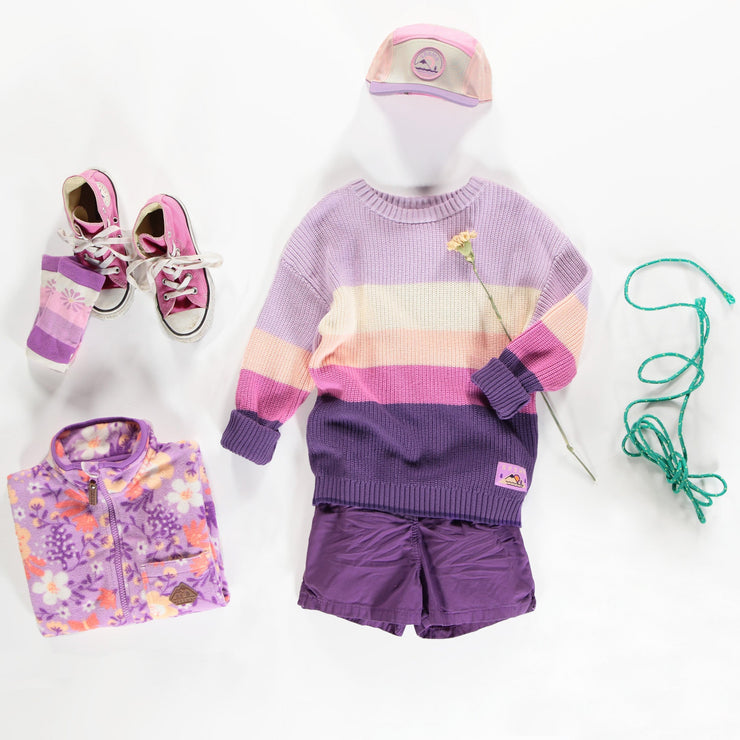 Chandail de maille côtelée manches longues mauve, crème et pêche, enfant || Purple, cream and peach long sleeve rib knit sweater, child