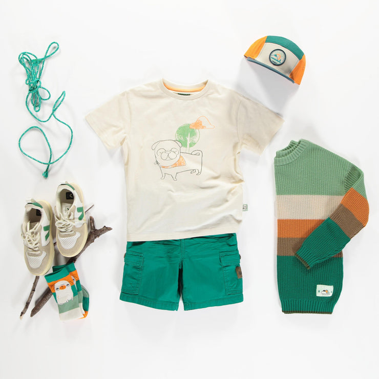 Chandail de maille manches longues vert, crème et orange, enfant || Long sleeves rib knit sweater green, cream orange, child