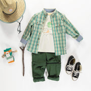 Chemise verte et crème à carreaux en doux coton, enfant || Green and cream plaid shirt in soft cotton, child