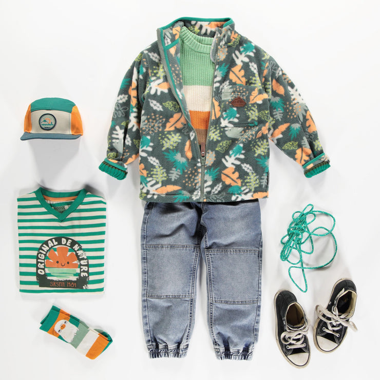 Veste de polar verte à motif représentant la nature avec col montant, enfant || Green polar fleece vest with nature pattern with high collar, child