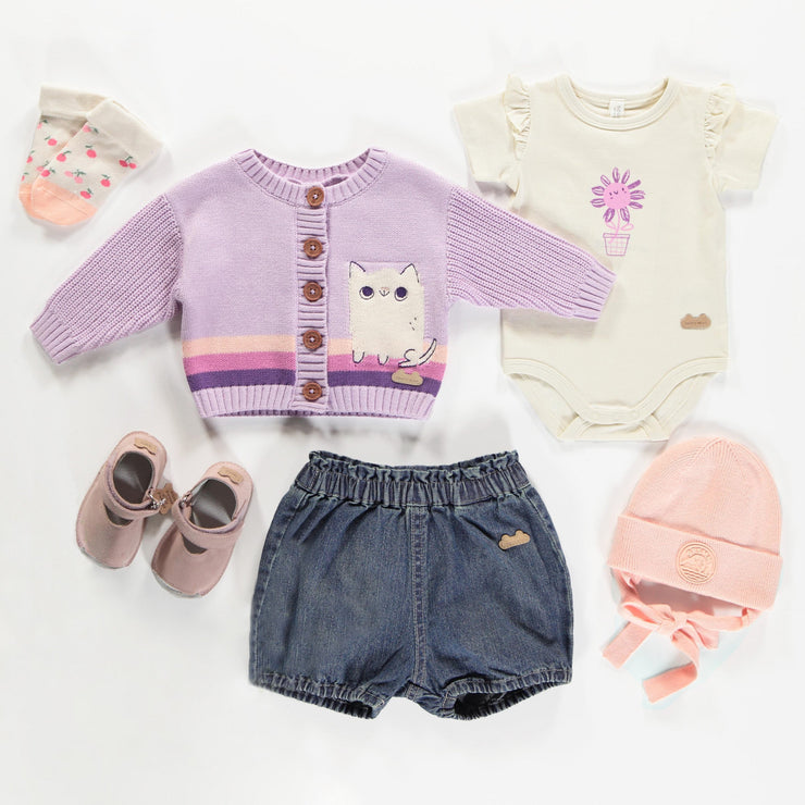 Veste de maille côtelée mauve à motif jacquard, naissance || Purple ribbed knit vest with jacquard pattern, newborn