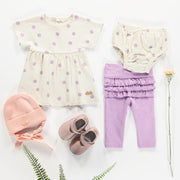 Robe manches courtes et bloomer crème fleurie en coton biologique, naissance || Cream floral short sleeves dress and bloomer in organic cotton, newborn