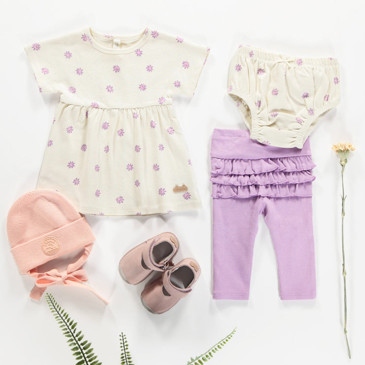 Robe manches courtes et bloomer crème fleurie en coton biologique, naissance || Cream floral short sleeves dress and bloomer in organic cotton, newborn