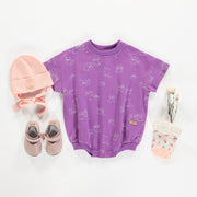 Une pièce en jersey extensible coupe ballon mauve motif de chiens, naissance || Purple one piece balloon shape with dog print in stretch jersey , newborn