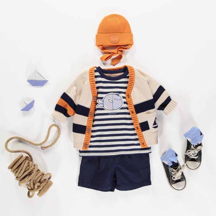 Veste de maille côtelée à rayures marine et crème, bébé || Navy and cream striped ribbed vest, baby