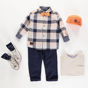 Chemise à manches longues orange et marine à carreaux en lin et coton, enfant || Orange and navy plaid long sleeves shirt in linen and cotton, child