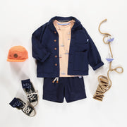 Bermudas coupe décontractée marin en coton et lin, enfant || Navy relaxed fit bermudas in cotton and linen, child