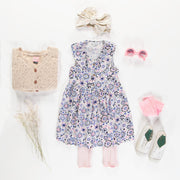 Robe coupe ajustée/évasée blanche avec motif floral en viscose, enfant || Slim fit flared white dress with floral print in viscose, child 