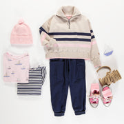 Chandail de maille manches longues crème et marine, enfant || Cream and navy long sleeves knit sweater, child