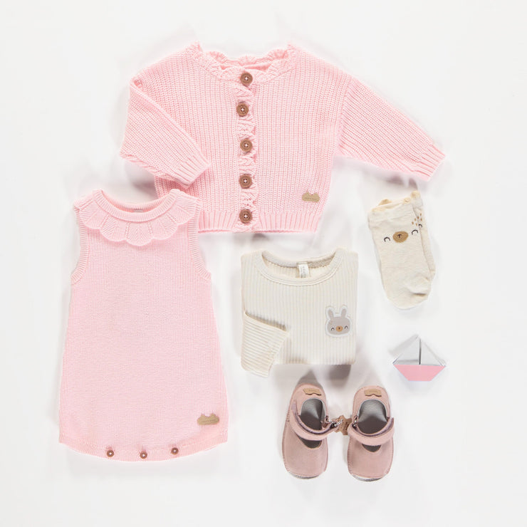 Veste de maille côtelée manches longues rose, naissance || Ribbed knit vest long sleeves pink, newborn