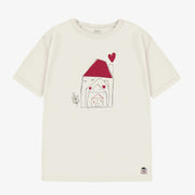 Haut de pyjama crème avec l’illustration d’une maisonnée remplie d’amour, adulte || Cream pajama top with a loving household illustration, adult