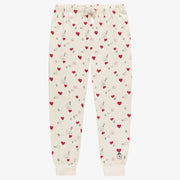 Pantalon de pyjama crème avec motif de petits cœurs rouges, adulte || Cream pajama pants with red hearts print, adult