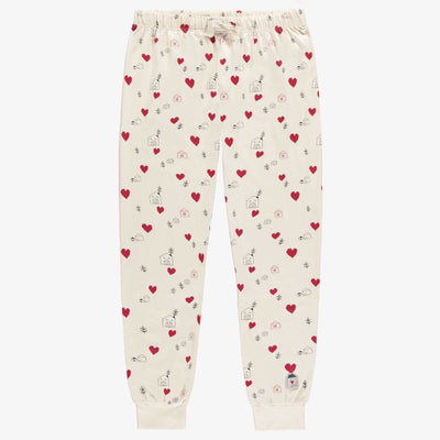 Pantalon de pyjama crème avec motif de petits cœurs rouges, adulte || Cream pajama pants with red hearts print, adult