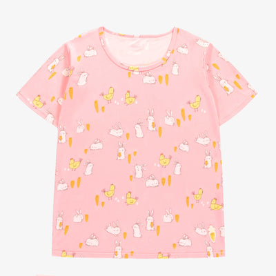 Haut de pyjama rose avec motif de lapins et de poulets, adulte || Pink pajama top with bunnies and chickens print, adult