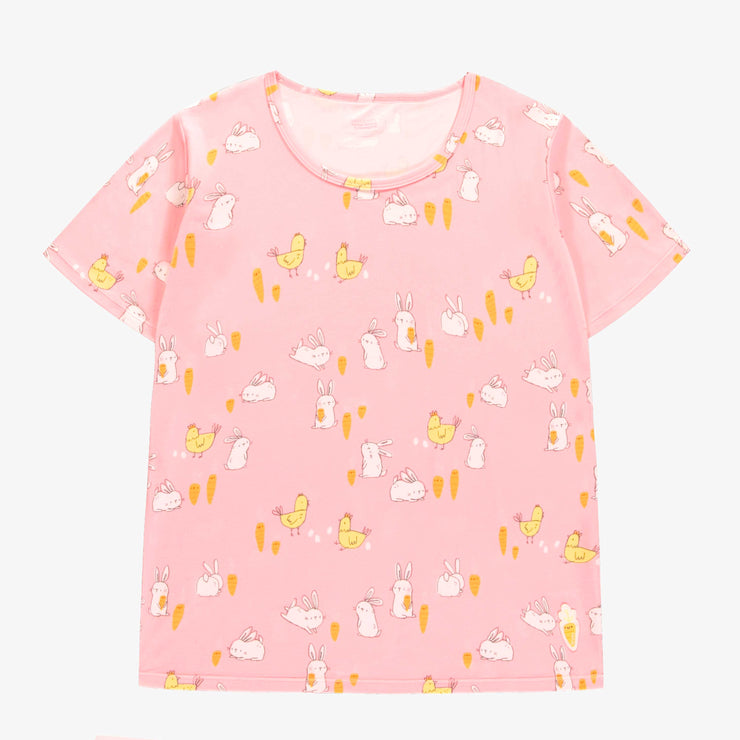 Haut de pyjama rose avec motif de lapins et de poulets, adulte || Pink pajama top with bunnies and chickens print, adult