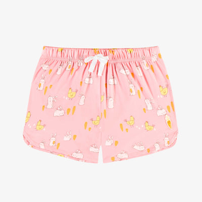 Short de pyjama rose avec motif de lapins et de poules, adulte || Pink pajama short with bunnies and chickens print, adult