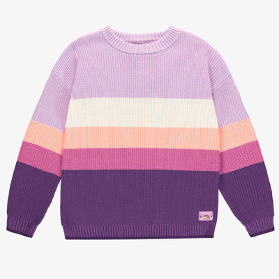 Chandail de maille côtelée manches longues mauve, crème et pêche, adulte || Purple, cream and peach long sleeves rib knit sweater, adult