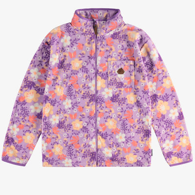 Veste de polar mauve fleurie avec col montant, adulte || Floral purple polar fleece vest with high collar, adult