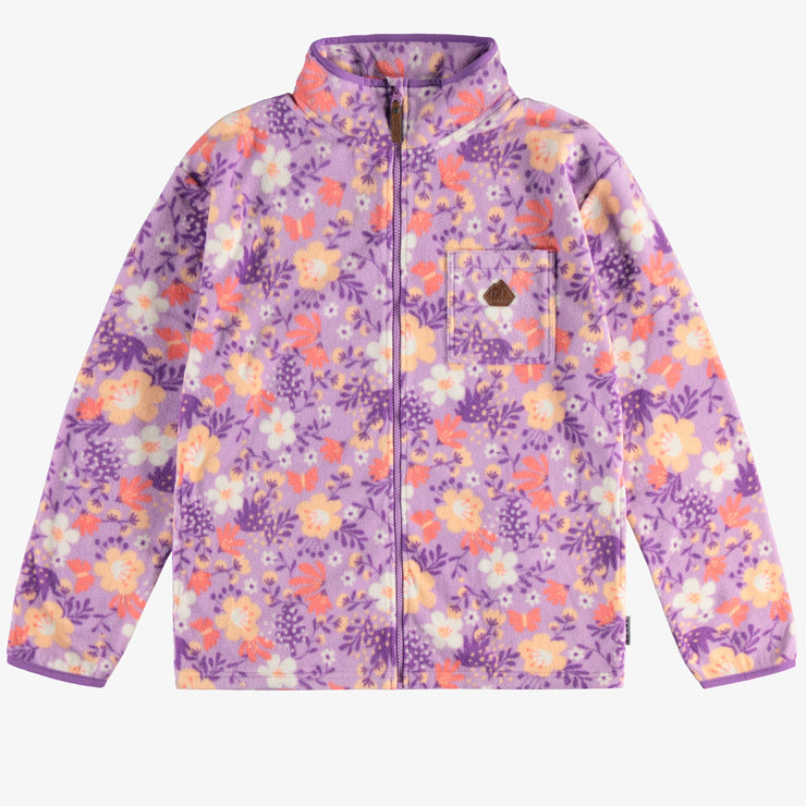 Veste de polar mauve fleurie avec col montant, adulte || Floral purple polar fleece vest with high collar, adult