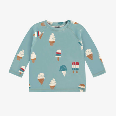 T-shirt de bain à manches longues bleu avec motif de friandises glacées, bébé || Blue long sleeves swim t-shirt with icy treat print, baby