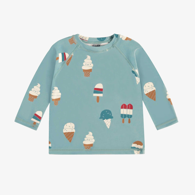 T-shirt de bain à manches longues bleu avec motif de friandises glacées, bébé || Blue long sleeves swim t-shirt with icy treat print, baby